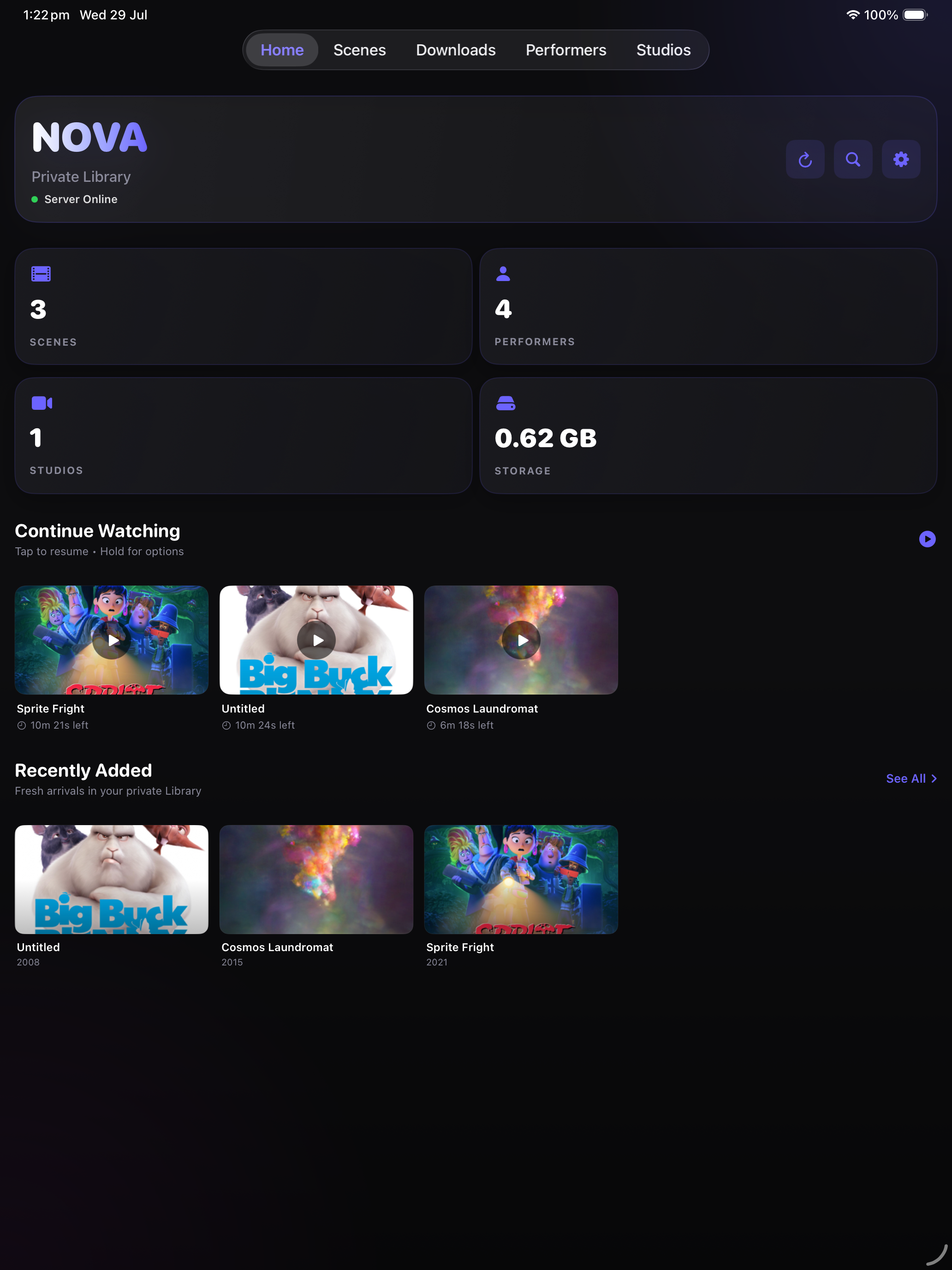 iPad home screen with stats, refresh, and Continue Watching