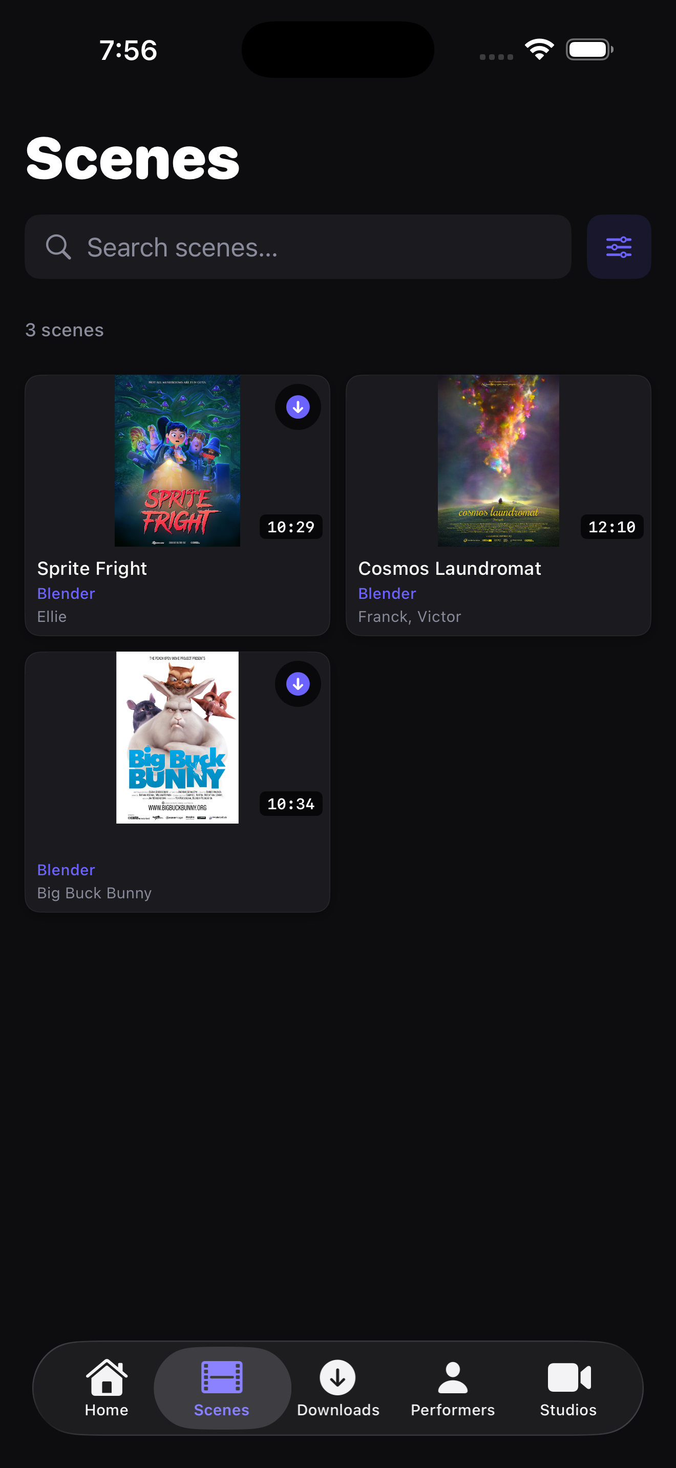 Scenes grid with search and download controls