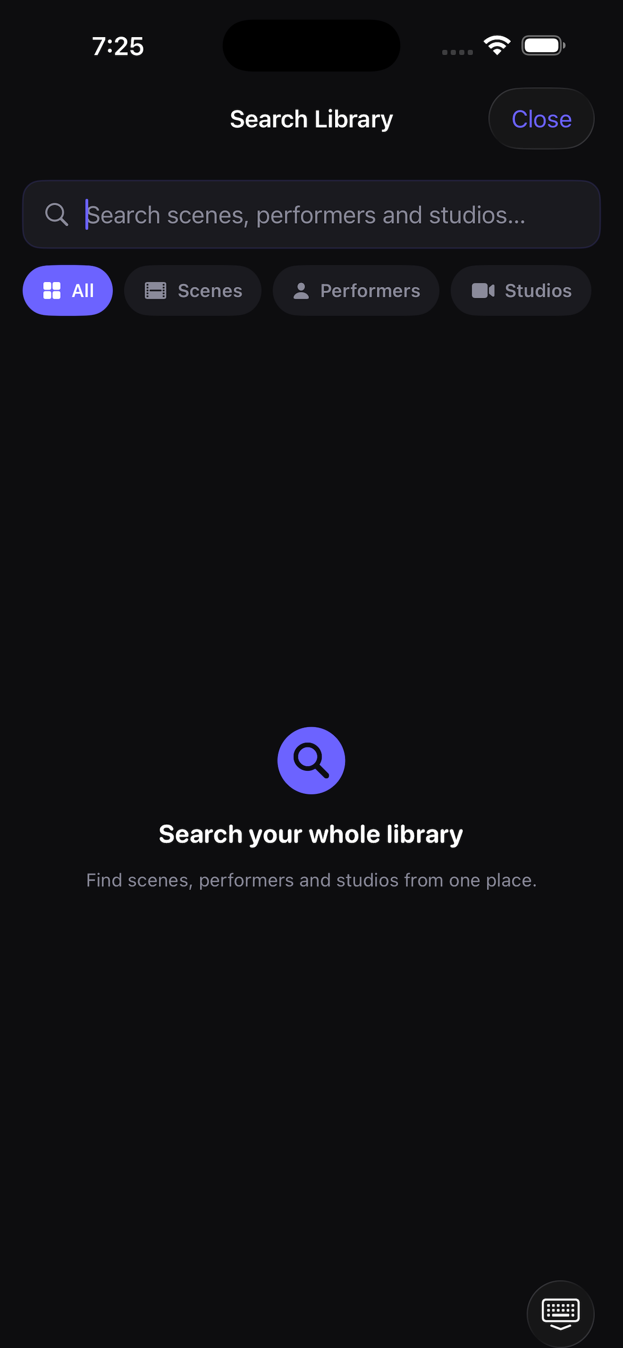 Global search across scenes, performers, and studios