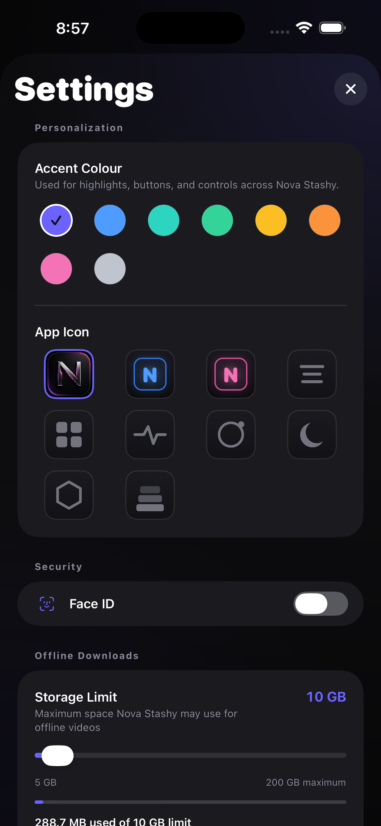 Settings with accent colours, app icons, and Face ID