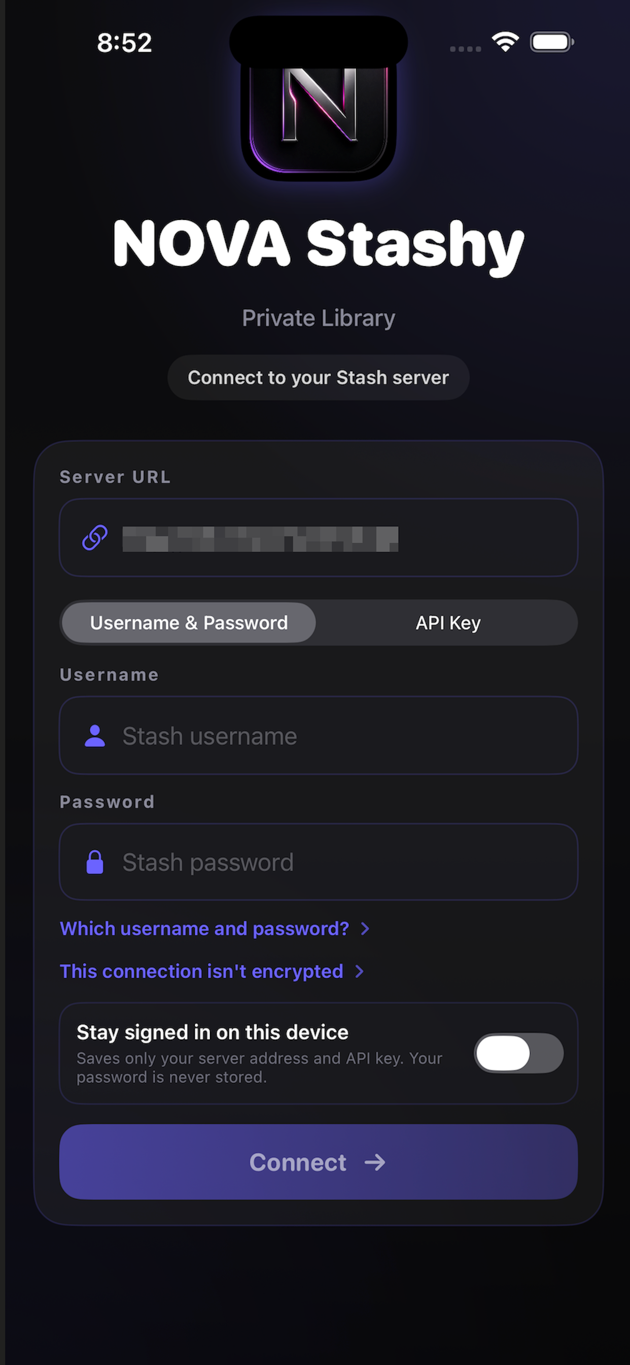 Sign in with your Stash username and password or an API key