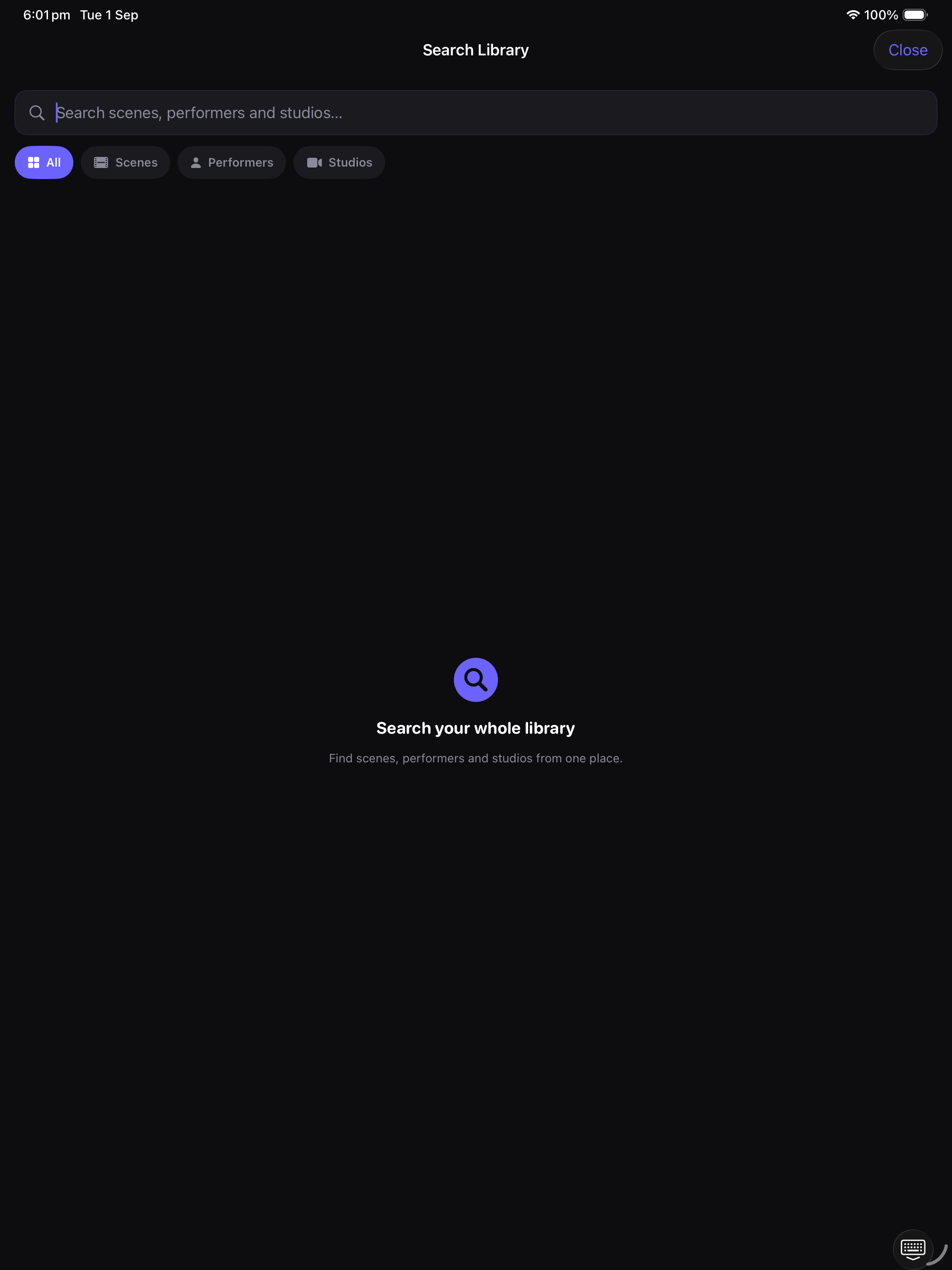 iPad global search across scenes, performers, and studios
