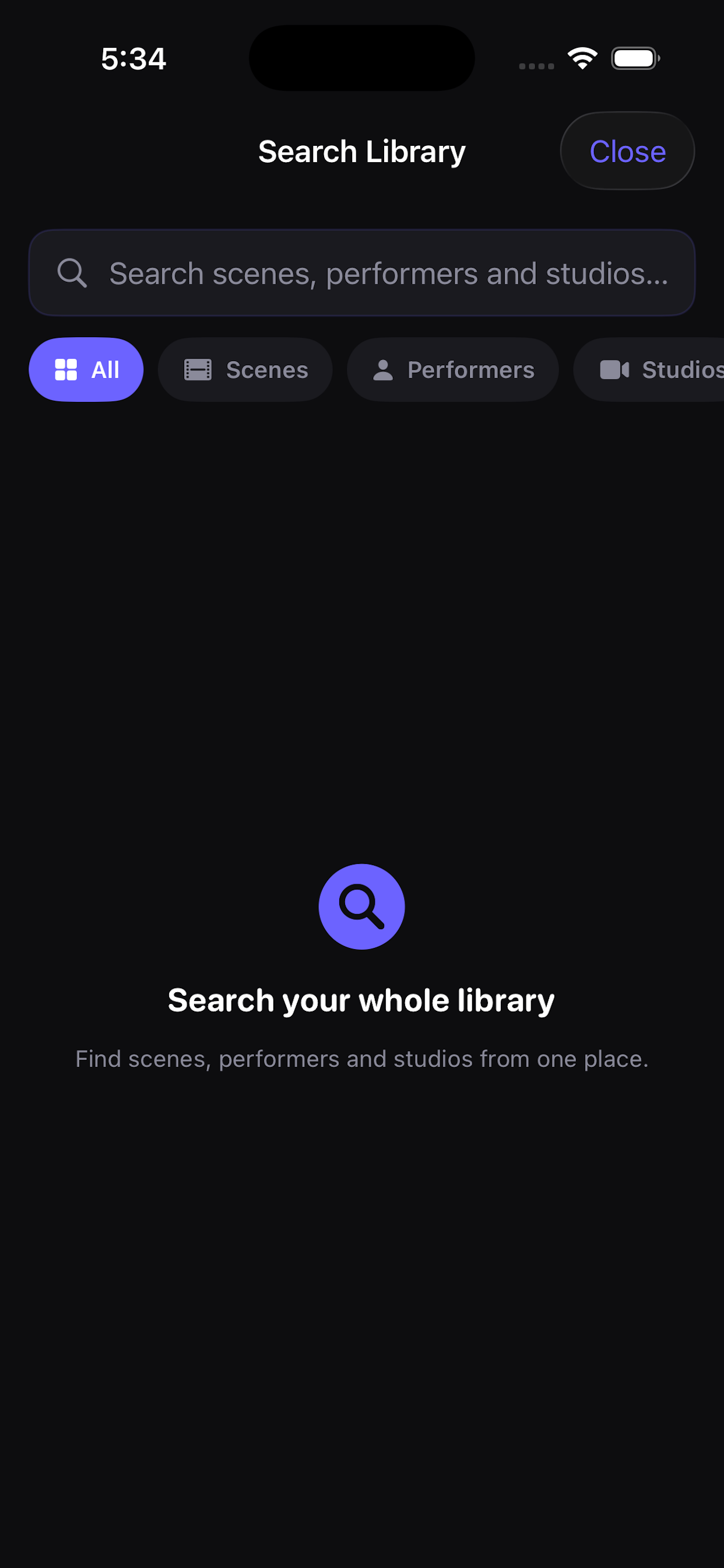 Global search across scenes, performers, and studios