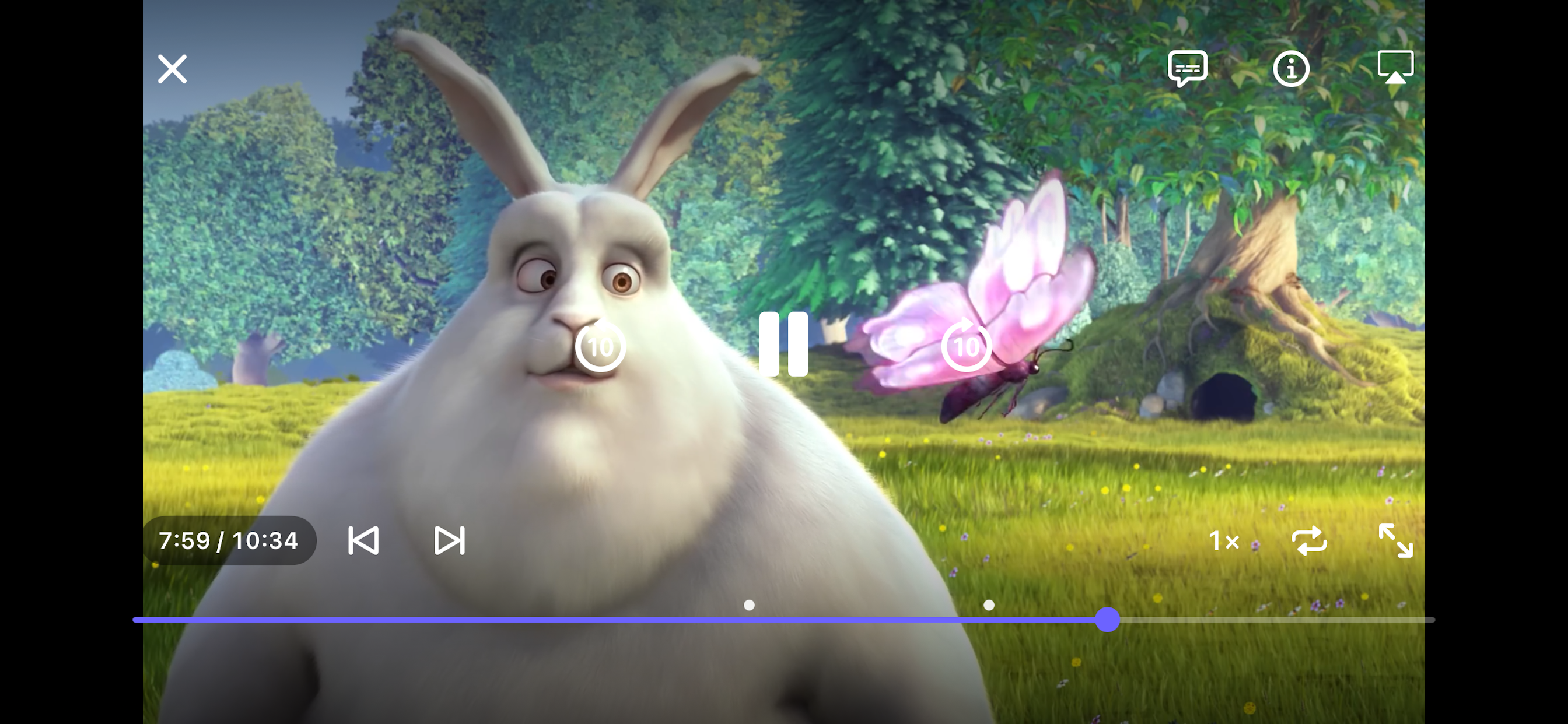 Nova Stashy&rsquo;s player in landscape, with marker buttons and markers shown on the scrubber